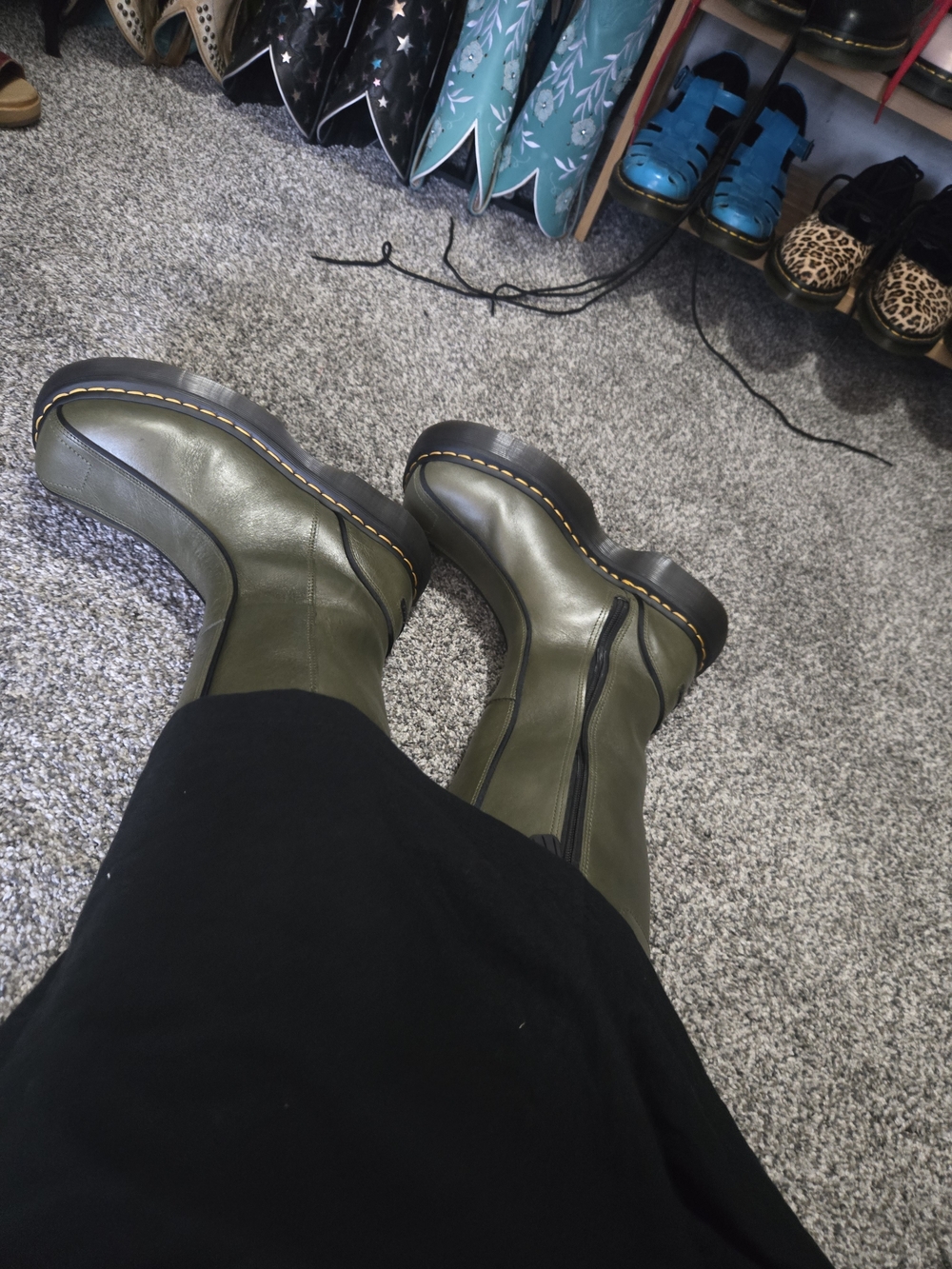 Dr. Martens Olive Green Leather Knee-High Zip Boots with Yellow Stitching - Picture 4 of 16